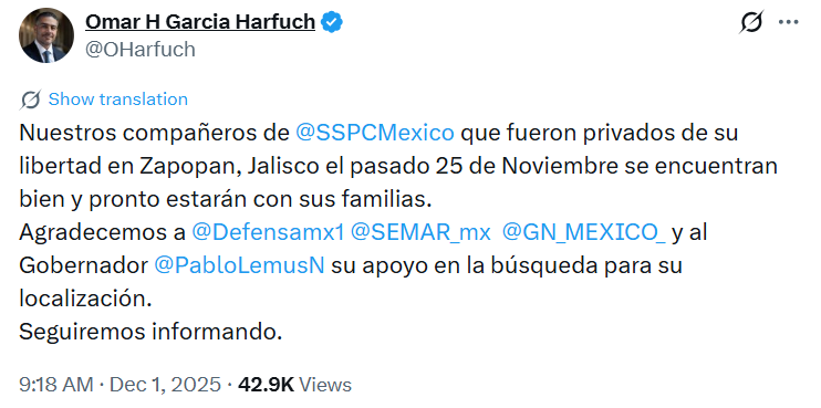 Publicación del titular de la SSPC, sobre los agentes desaparecidos.